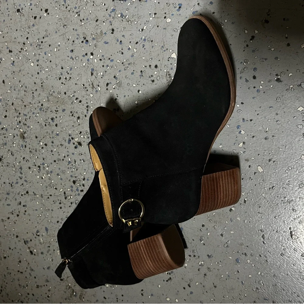 Tory Burch Black Suede Ankle Boots with Gold Accent - Picture 3 of 7